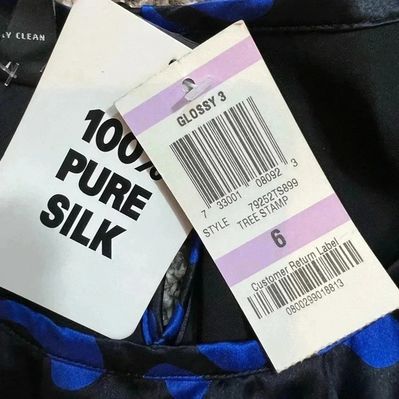INC BLUE & BLACK SHIFT DRESS GLOSSY PURE SILK CAP SLEEVES MIDI NWT SIZE 6 - Picture 5 of 7
